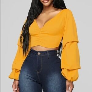 YELLOW FLAMINGO TANGO LONG BELL- BOTTOM SLEEVED CROP TOP